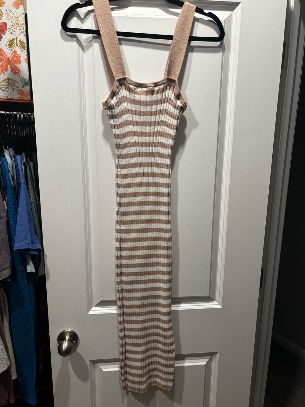 Striped Knit Tank Midi Dress in Beige and White